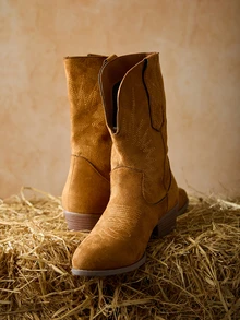 Tropiscape 时尚驼色西部靴，女士款，缝线细节仿麂皮尖头粗跟靴，圣诞节冬季圣诞礼物 - 駝色 - 查看 2