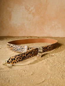 Tropiscape 1pc Floral PU Leather Casual Belt For Women, With Fashionable Metal Buckle, Studded Decoration, Versatile Everyday Wear Christmas Leopard Print Summer, School Fall, Autumn, Christmas Christmas Gifts