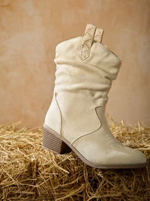 Tropiscape 1 Pair Slip-On Thick Heel Round Toe Elegant All-Match Fashion Western Cowboy Boots, Embroidered Asymmetrical Ruched Low Heel Booties For Women Winter Gifts - Beige - View 6