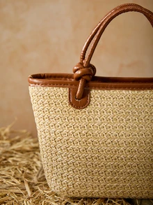 Tropiscape 2025新款度假沙滩草编手提包/单肩包，绳结编织手提篮包圣诞礼物 - 棕色 - 查看 4