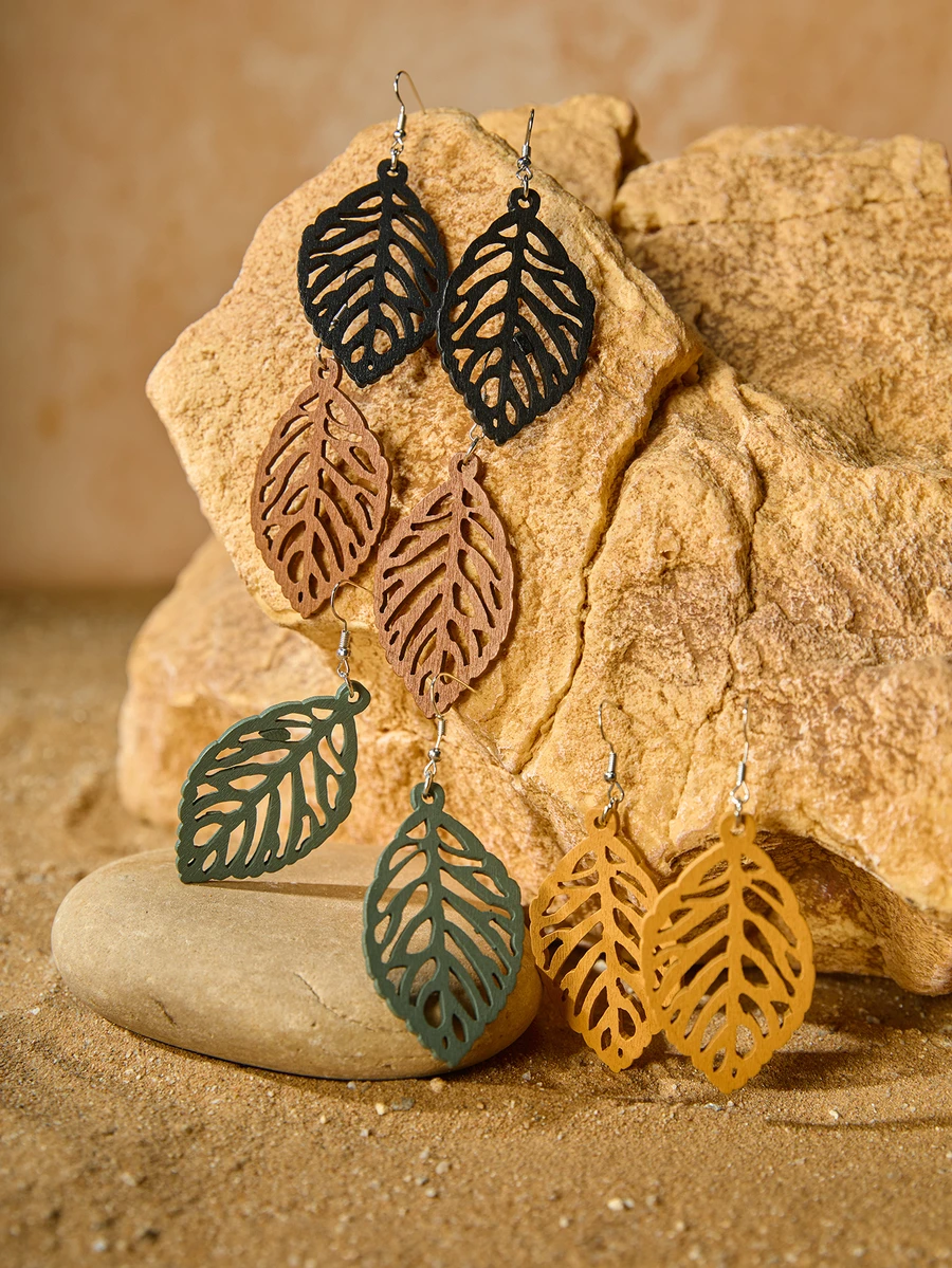 Tropiscape Bộ 4 đôi bông tai hình lá khoét rỗng phong cách Bohemian dành cho nữ, thích hợp làm quà tặng du lịch ngoài trời, phong cách Cottagecore, trang phục mùa hè. - Đầy màu sắc - Xem 1