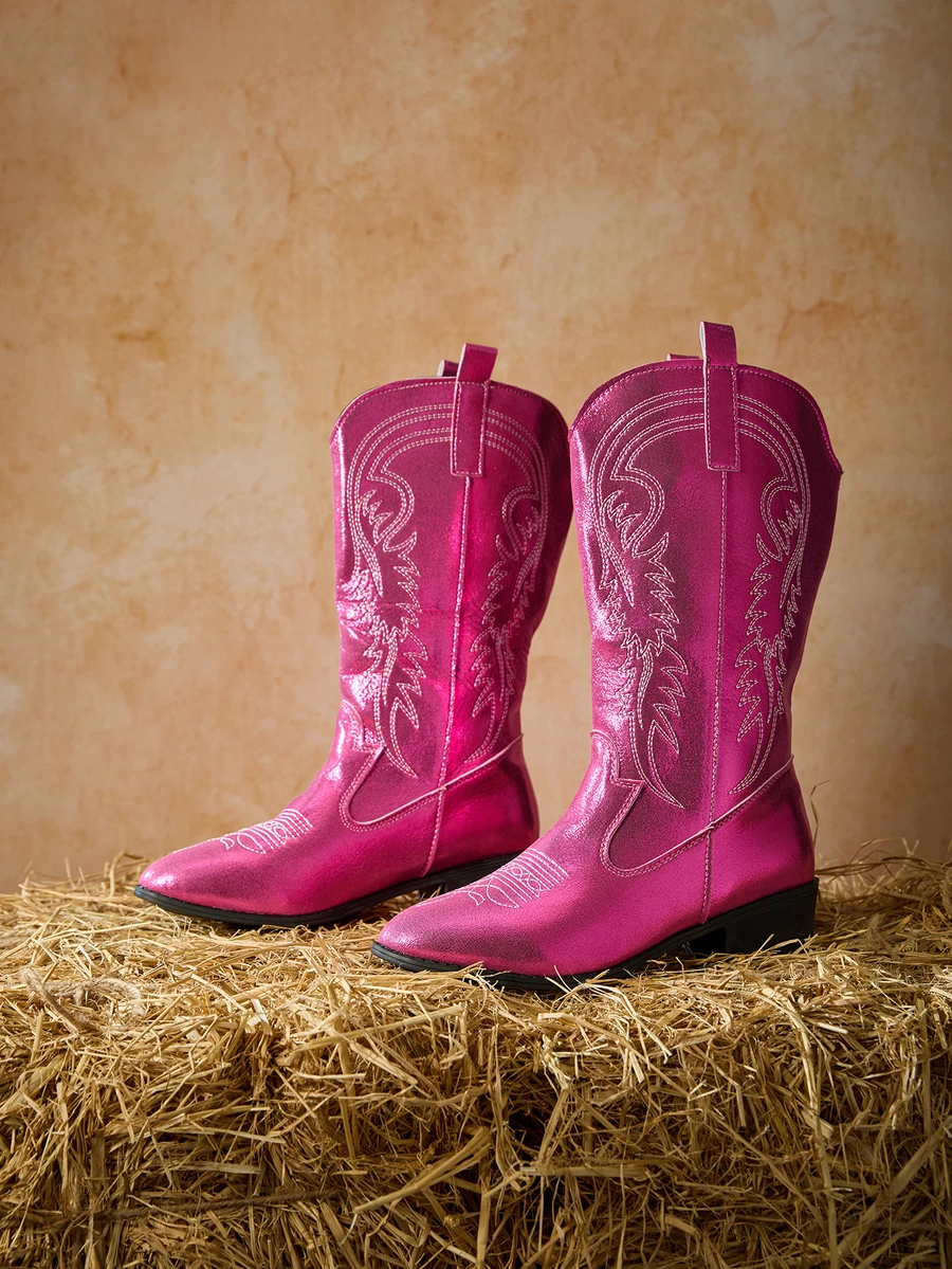 Tropiscape Women's New Vintage Embroidered Pointed Toe Western Boots Sexy Metallic Red Shiny Fabric Fashionable High Shaft Boots High Heel Thick Heel Riding Boots Fashionable Punk Rock Chelsea Boots Winter Gifts - Pink - View 1