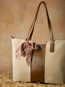 Tropiscape 女士休闲帆布拼接拉链单肩包，大容量，适合日常使用，手提包，圣诞礼物 - 棕色 - 查看 5