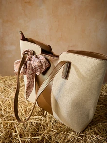 Tropiscape 女士休闲帆布拼接拉链单肩包，大容量，适合日常使用，手提包，圣诞礼物 - 棕色 - 查看 4