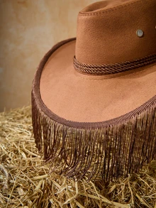 Tropiscape 波西米亚风单件装女士流苏西部牛仔帽，户外防晒，适合锐舞派对、音乐节、舞蹈表演等场合，牛仔帽，女牛仔帽，圣诞度假氛围，休闲海滩，秋季圣诞节，冬季圣诞节礼物 - 流蘇 - 查看 6