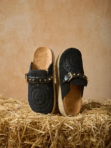 Tropiscape 2025新款编织厚底穆勒凉鞋，复古波西米亚风沙滩拖鞋，度假风渔夫鞋，女士圣诞节礼物 - 黑色 - 查看 3