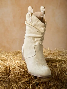 Tropiscape 1 Pair Slip-On Thick Heel Round Toe Elegant All-Match Fashion Western Cowboy Boots, Embroidered Asymmetrical Ruched Low Heel Booties For Women Winter Gifts - Beige - View 5