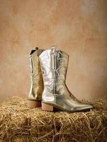 Tropiscape Women's New Retro American Style Embroidered Leather Pointed Toe Western Boots, Side Zipper For Easy On And Off, Stylish Embroidery High Shaft Boots, High Chunky Heel Riding Boots, Fashionable Punk Chelsea Boots Winter Gifts - Gold - View 4