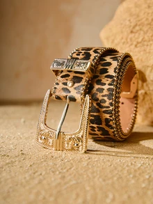 Tropiscape 1pc Floral PU Leather Casual Belt For Women, With Fashionable Metal Buckle, Studded Decoration, Versatile Everyday Wear Christmas Leopard Print Summer, School Fall, Autumn, Christmas Christmas Gifts