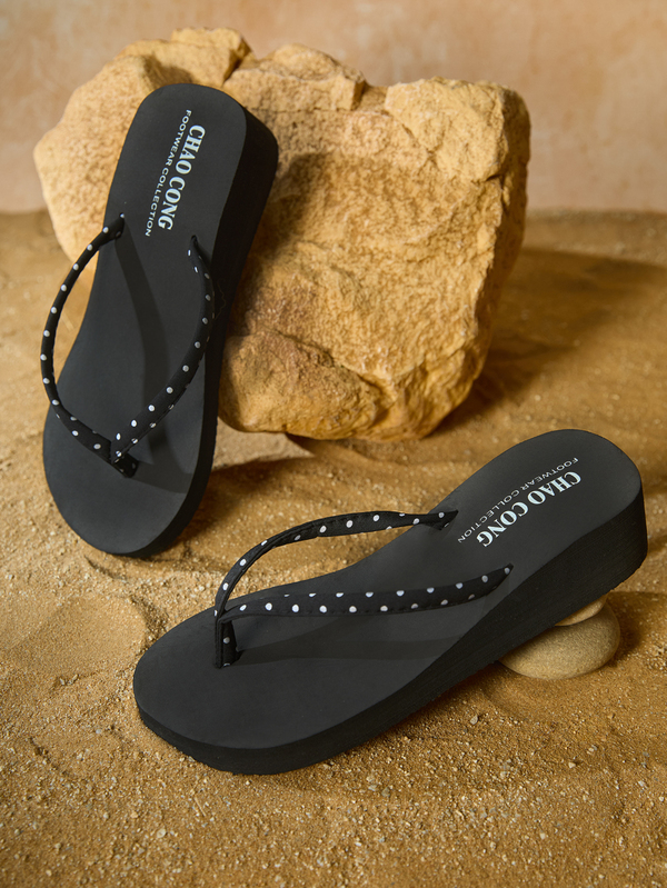Tropiscape Women Fashionable Black And White Polka Dot Summer Shoes Casual Beach Thong Sandals With Thin Straps, Wedge Heels And Thick Platform Soles Beach Autumn Christmas Christmas Winter Christmas Gifts