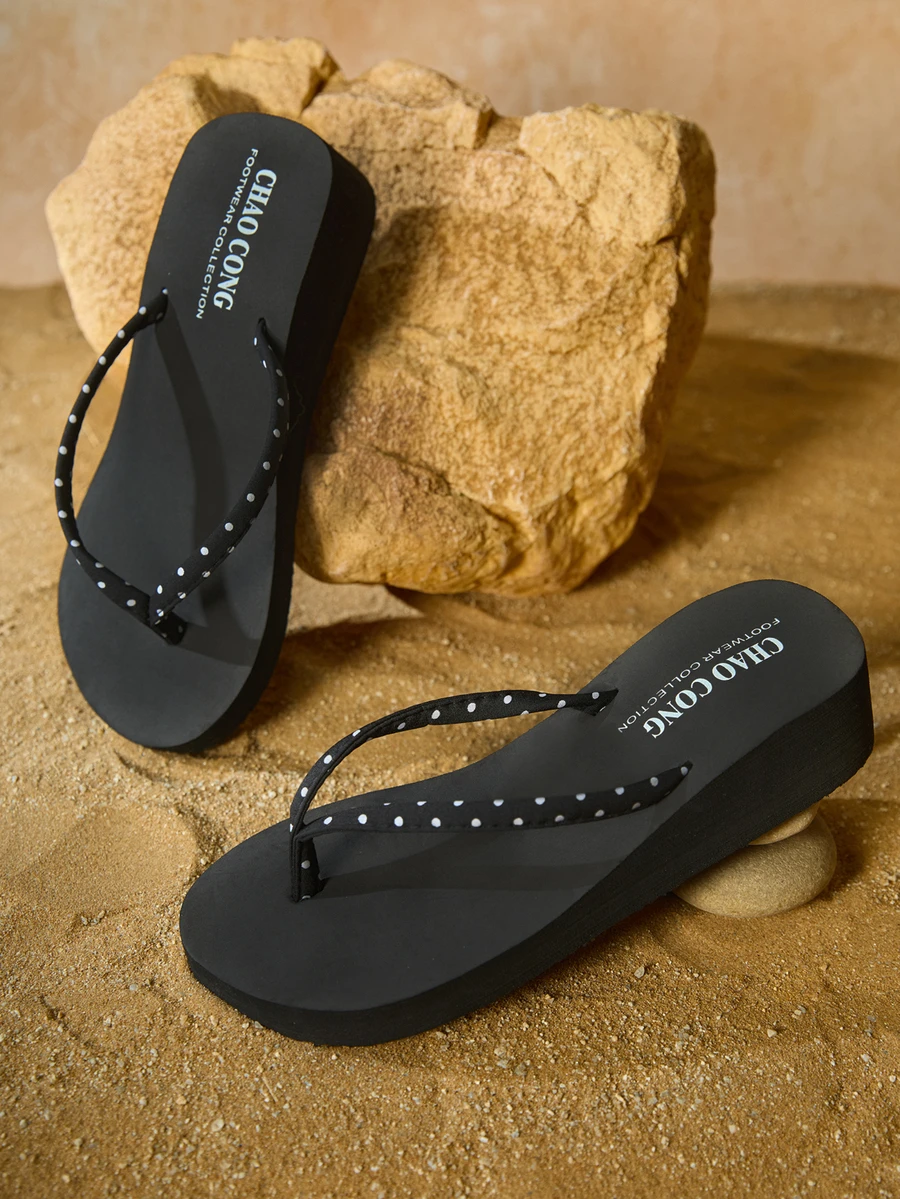 Tropiscape Women Fashionable Black And White Polka Dot Summer Shoes Casual Beach Thong Sandals With Thin Straps, Wedge Heels And Thick Platform Soles Beach Autumn Winter Gifts - Black and White - View 1