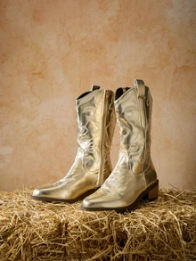 Tropiscape Women's New Retro American Style Embroidered Leather Pointed Toe Western Boots, Side Zipper For Easy On And Off, Stylish Embroidery High Shaft Boots, High Chunky Heel Riding Boots, Fashionable Punk Chelsea Boots Winter Gifts - Gold - View 5