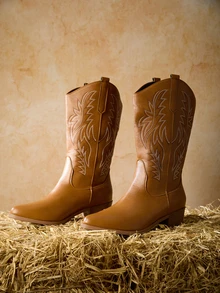 Tropiscape Nuovi stivali da cowboy occidentali da donna, stile con jorts, punta affusolata, ricamo, tacco chunky, stivali alla caviglia di moda e taglie comode, perfetti da indossare con un cardigan in autunno, Natale, inverno, come regalo di Natale