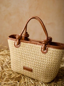 Tropiscape 2025新款度假沙滩草编手提包/单肩包，绳结编织手提篮包圣诞礼物 - 棕色 - 查看 3