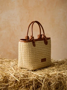Tropiscape 2025新款度假沙滩草编手提包/单肩包，绳结编织手提篮包圣诞礼物 - 棕色 - 查看 2