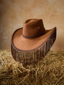 Tropiscape 波西米亚风单件装女士流苏西部牛仔帽，户外防晒，适合锐舞派对、音乐节、舞蹈表演等场合，牛仔帽，女牛仔帽，圣诞度假氛围，休闲海滩，秋季圣诞节，冬季圣诞节礼物 - 流蘇 - 查看 2