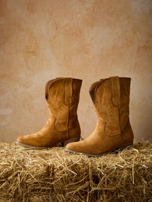 Tropiscape 时尚驼色西部靴，女士款，缝线细节仿麂皮尖头粗跟靴，圣诞节冬季圣诞礼物 - 駝色 - 查看 1