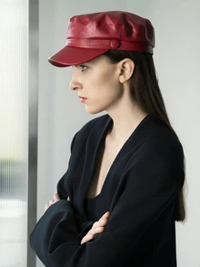CHICVUE Fashionable & Versatile Solid Color PU Leather Beret Winter Gifts - Burgundy - View 3