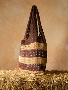Tropiscape Women Woven Handbags Crochet Bag Knitted Handbags Beach Bags 2024 New Summer Women Vintage Vacation Style Handmade Knitted Striped Decor Shoulder Crochet Large Capacity Tote Bag, Perfect For Beach Vacation, Travel, Shopping, And Vacation Essentials, Eye-Catching Beach Bag Summer Gifts Cottagecore,SummerOutfit - Brown - View 2