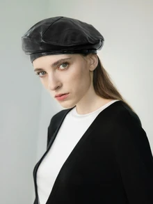 CHICVUE 1顶女士黑色PU皮贝雷帽，沙特阿拉伯流行款，女士配饰，韩流风格，优雅圣诞冬季圣诞礼物 - 黑色 - 查看 3