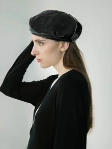 CHICVUE 1顶女士黑色PU皮贝雷帽，沙特阿拉伯流行款，女士配饰，韩流风格，优雅圣诞冬季圣诞礼物 - 黑色 - 查看 5