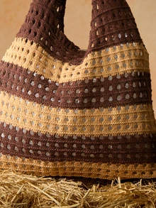 Tropiscape Women Woven Handbags Crochet Bag Knitted Handbags Beach Bags 2024 New Summer Women Vintage Vacation Style Handmade Knitted Striped Decor Shoulder Crochet Large Capacity Tote Bag, Perfect For Beach Vacation, Travel, Shopping, And Vacation Essentials, Eye-Catching Beach Bag Summer Gifts Cottagecore,SummerOutfit - Brown - View 6