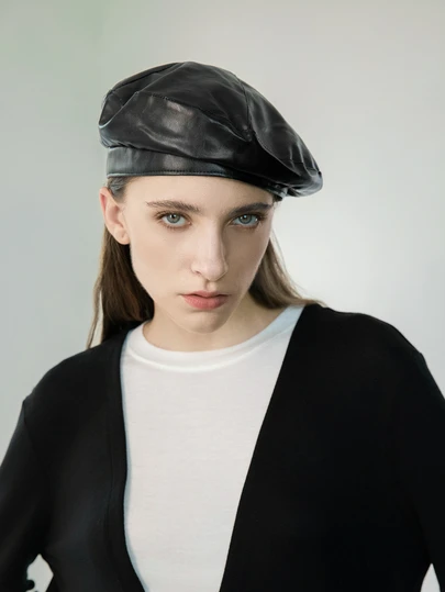 CHICVUE 1顶女士黑色PU皮贝雷帽，沙特阿拉伯流行款，女士配饰，韩流风格，优雅圣诞冬季圣诞礼物