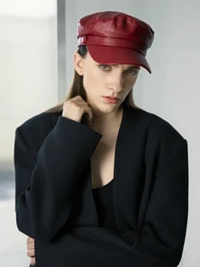 CHICVUE Fashionable & Versatile Solid Color PU Leather Beret Winter Gifts - Burgundy - View 2