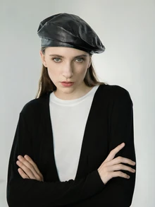 CHICVUE 1顶女士黑色PU皮贝雷帽，沙特阿拉伯流行款，女士配饰，韩流风格，优雅圣诞冬季圣诞礼物 - 黑色 - 查看 6