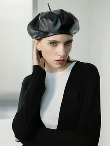 CHICVUE 1 pieza Boina sólida minimalista vintage casual, regalo de Navidad escolar de invierno - Negro - Ver 2