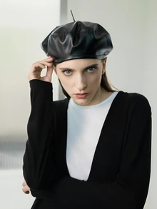 CHICVUE 1 pieza Boina sólida minimalista vintage casual, regalo de Navidad escolar de invierno - Negro - Ver 5