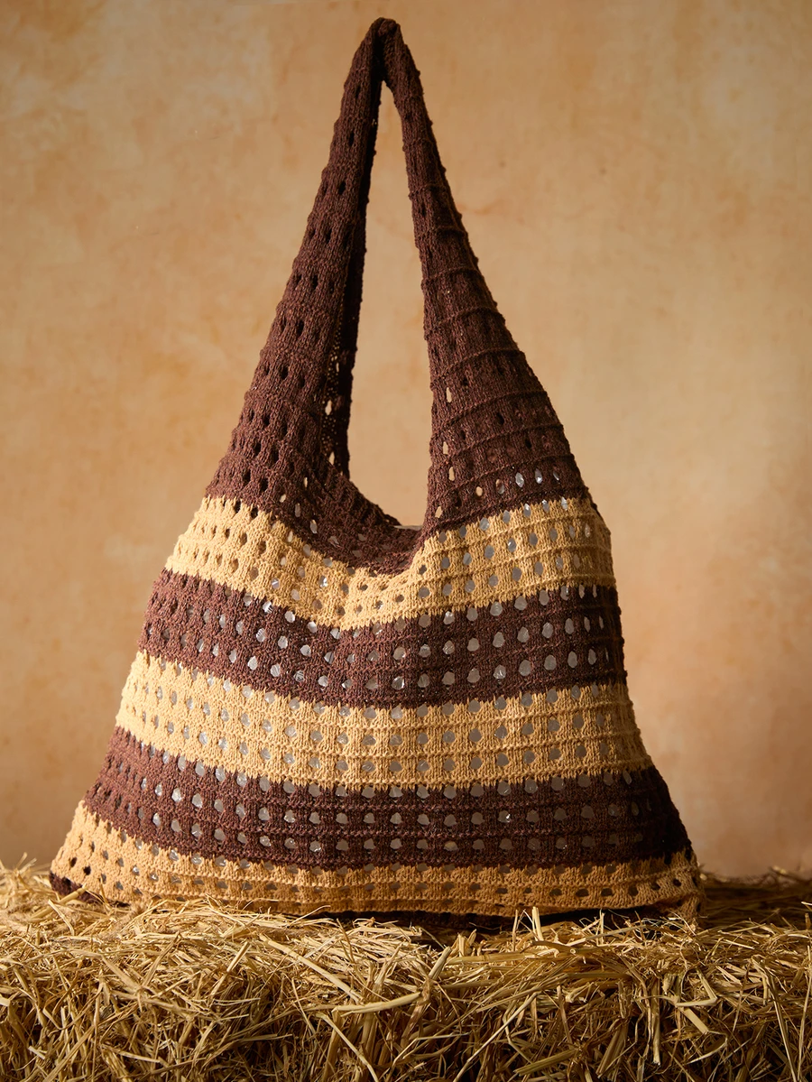 Tropiscape Women Woven Handbags Crochet Bag Knitted Handbags Beach Bags 2024 New Summer Women Vintage Vacation Style Handmade Knitted Striped Decor Shoulder Crochet Large Capacity Tote Bag, Perfect For Beach Vacation, Travel, Shopping, And Vacation Essentials, Eye-Catching Beach Bag Summer Gifts Cottagecore,SummerOutfit - Brown - View 1