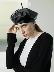 CHICVUE 1 pieza Boina sólida minimalista vintage casual, regalo de Navidad escolar de invierno - Negro - Ver 4
