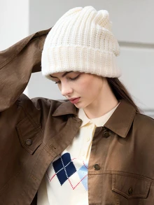 Hatastic 1顶女士多色粗针织韩式针织帽，秋冬百搭保暖帽，护耳宽松舒适，防寒圣诞礼物 - 米色 - 查看 4