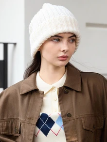 Hatastic 1顶女士多色粗针织韩式针织帽，秋冬百搭保暖帽，护耳宽松舒适，防寒圣诞礼物 - 米色 - 查看 5