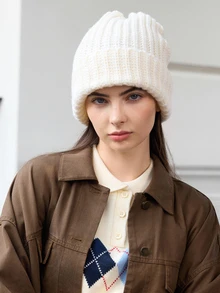 Hatastic 1顶女士多色粗针织韩式针织帽，秋冬百搭保暖帽，护耳宽松舒适，防寒圣诞礼物 - 米色 - 查看 2
