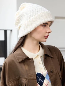 Hatastic 1顶女士多色粗针织韩式针织帽，秋冬百搭保暖帽，护耳宽松舒适，防寒圣诞礼物 - 米色 - 查看 6