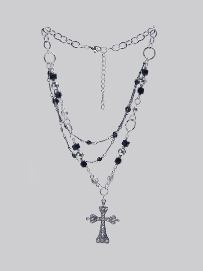 DareSee 1件十字架造型多层项链，多色金属材质，镶嵌黑色锆石，个性哥特风格，男女皆宜，适合派对和日常佩戴，圣诞礼物之选