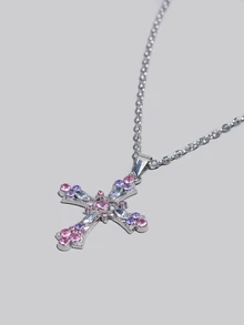 DareSee 5er Set modischer kristallverzierter Schleife & Kreuz Halskette, Vintage Pentagramm Anhänger Choker als Geschenk für Frauen, Musikfestival - Silber - Übersicht 2