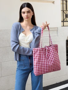 Hatastic 夏季户外旅行包、度假沙滩包、时尚格子单肩大包、休闲单肩手提包、旅行包、撞色格子图案手提包、购物袋、多功能通勤包、音乐节礼物 - 彩色 - 查看 3