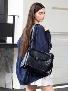 Hatastic 輕便商務休閒扭扣單肩手提包，適合青少年女孩、女性、大學生，返校季必備 - 黑色 - 查看 3