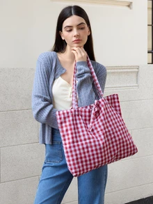 Hatastic 夏季户外旅行包、度假沙滩包、时尚格子单肩大包、休闲单肩手提包、旅行包、撞色格子图案手提包、购物袋、多功能通勤包、音乐节礼物 - 彩色 - 查看 2