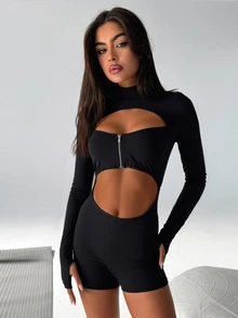 女士夏季性感镂空圆领长袖连体裤运动服，适合秋季穿着，黑色春季优雅健身服 - 黑色 - 查看 5