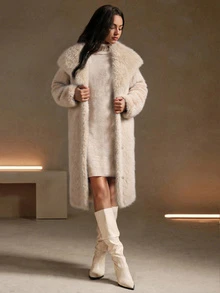 女式仿皮草长款披肩外套，秋冬 - 杏色 - 查看 3