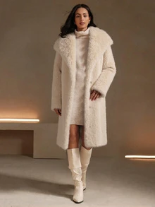 女式仿皮草长款披肩外套，秋冬 - 杏色 - 查看 1