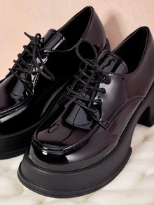 Hatastic Lace-Up Front Platform Oxford Shoes,Women's Fashion Simple And Versatile Comfortable Thick-Soled Buckle Loafers Mary Jane Shoes Gifts Music Fest - Black - View 8