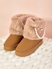 Hatastic Nuovi arrivi, scarpe da donna alla moda, confortevoli e semplici, con punta tonda, fodera termica, tomaia in microfibra, decorazione in pelliccia nera e perle finte, casual con suola spessa, adatte per l'autunno, l'inverno e i giorni nevosi, regali di Natale