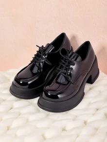 Hatastic Lace-Up Front Platform Oxford Shoes,Women's Fashion Simple And Versatile Comfortable Thick-Soled Buckle Loafers Mary Jane Shoes Gifts Music Fest - Black - View 6