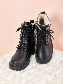 Hatastic New Arrival Women's Fashionable Plain Snow Boots, Lace-Up Front And Side Zipper Black Snow Black Boots For Winter Gifts