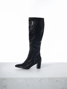 CHICVUE 女士鳄鱼纹侧拉链粗跟靴，时尚户外靴，搭配连衣裙，圣诞礼物之选 - 黑色 - 查看 2